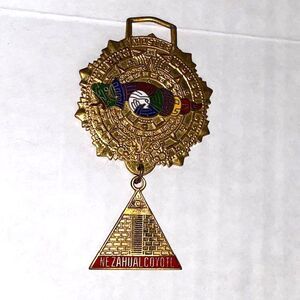 Nezahualcoyotl Pyramid Eye Master Medallion Gold Tone Metal Enamel